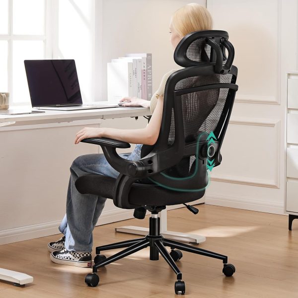 Ergonomic Mesh Office Chair, High Back Desk Chair with 2D Headrest, Up&Down Lumbar Support, Swivel Computer Task Chair with Adjustable Flip-up Armrests, Black - Image 2