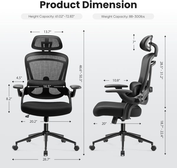 Ergonomic Mesh Office Chair, High Back Desk Chair with 2D Headrest, Up&Down Lumbar Support, Swivel Computer Task Chair with Adjustable Flip-up Armrests, Black - Image 3