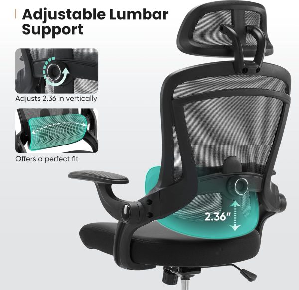 Ergonomic Mesh Office Chair, High Back Desk Chair with 2D Headrest, Up&Down Lumbar Support, Swivel Computer Task Chair with Adjustable Flip-up Armrests, Black - Image 4