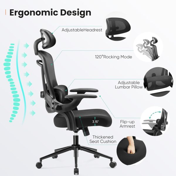 Ergonomic Mesh Office Chair, High Back Desk Chair with 2D Headrest, Up&Down Lumbar Support, Swivel Computer Task Chair with Adjustable Flip-up Armrests, Black - Image 6
