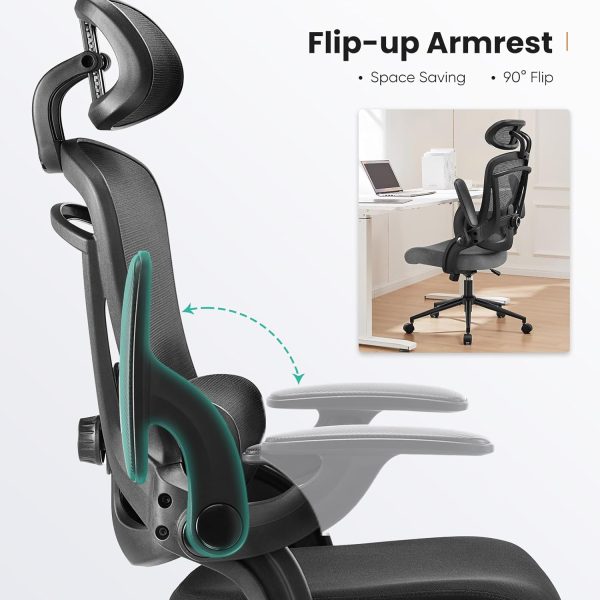 Ergonomic Mesh Office Chair, High Back Desk Chair with 2D Headrest, Up&Down Lumbar Support, Swivel Computer Task Chair with Adjustable Flip-up Armrests, Black - Image 7
