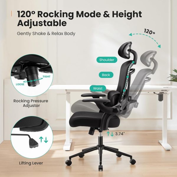Ergonomic Mesh Office Chair, High Back Desk Chair with 2D Headrest, Up&Down Lumbar Support, Swivel Computer Task Chair with Adjustable Flip-up Armrests, Black - Image 8