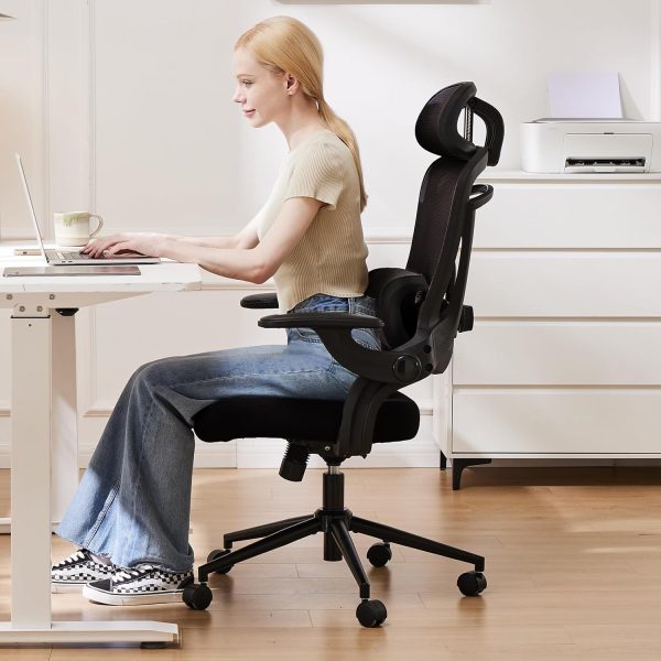 Ergonomic Mesh Office Chair, High Back Desk Chair with 2D Headrest, Up&Down Lumbar Support, Swivel Computer Task Chair with Adjustable Flip-up Armrests, Black - Image 9