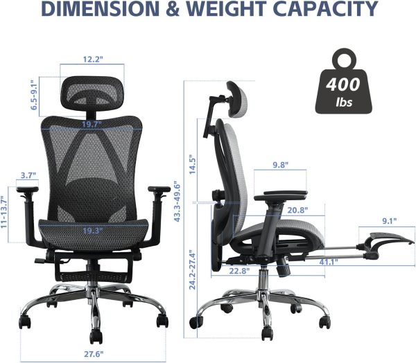 Ergonomic Office Chair, SGS Certified Gas Cylinder, 400 LBS Capacity,Office Chair with Adjustable Lumbar Support, Retractable Footrest, Mesh Office Chair Gaming Chair - Image 2