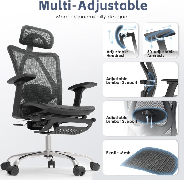 Ergonomic Office Chair, SGS Certified Gas Cylinder, 400 LBS Capacity,Office Chair with Adjustable Lumbar Support, Retractable Footrest, Mesh Office Chair Gaming Chair - Image 3