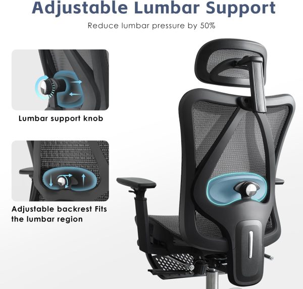 Ergonomic Office Chair, SGS Certified Gas Cylinder, 400 LBS Capacity,Office Chair with Adjustable Lumbar Support, Retractable Footrest, Mesh Office Chair Gaming Chair - Image 4