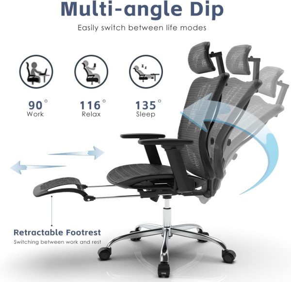 Ergonomic Office Chair, SGS Certified Gas Cylinder, 400 LBS Capacity,Office Chair with Adjustable Lumbar Support, Retractable Footrest, Mesh Office Chair Gaming Chair - Image 7