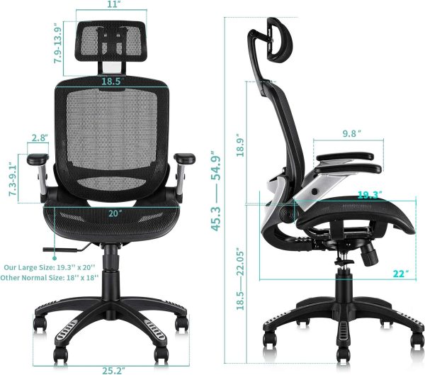 GABRYLLY Ergonomic Office Chair, High Back Home Desk Chair with Headrest, Flip-Up Arms, 90-120° Tilt Lock and Wide Cushion, Big and Tall Mesh Chairs for Man Woman, Black Task Chair - Image 2