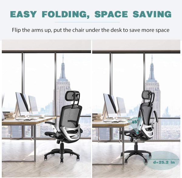 GABRYLLY Ergonomic Office Chair, High Back Home Desk Chair with Headrest, Flip-Up Arms, 90-120° Tilt Lock and Wide Cushion, Big and Tall Mesh Chairs for Man Woman, Black Task Chair - Image 4