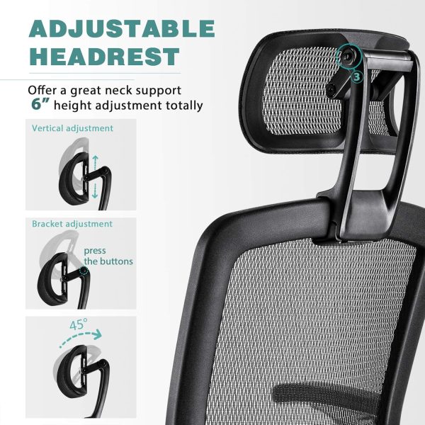 GABRYLLY Ergonomic Office Chair, High Back Home Desk Chair with Headrest, Flip-Up Arms, 90-120° Tilt Lock and Wide Cushion, Big and Tall Mesh Chairs for Man Woman, Black Task Chair - Image 5