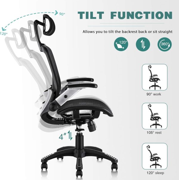 GABRYLLY Ergonomic Office Chair, High Back Home Desk Chair with Headrest, Flip-Up Arms, 90-120° Tilt Lock and Wide Cushion, Big and Tall Mesh Chairs for Man Woman, Black Task Chair - Image 6
