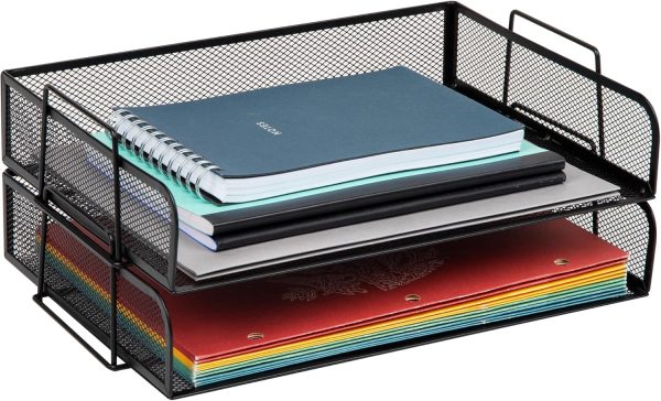 Mind Reader Stackable Paper Tray, 2 Pcs., Desktop Organizer, File Storage, Office, Metal Mesh, 14" L x 9.75" W x 6" H, Black