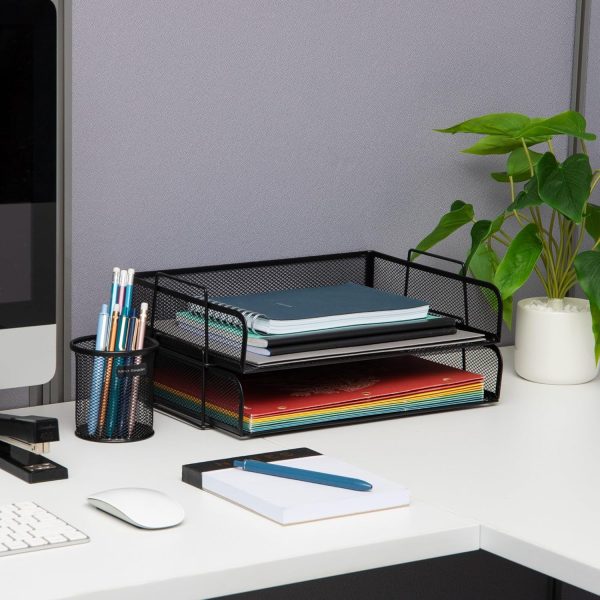 Mind Reader Stackable Paper Tray, 2 Pcs., Desktop Organizer, File Storage, Office, Metal Mesh, 14" L x 9.75" W x 6" H, Black - Image 2