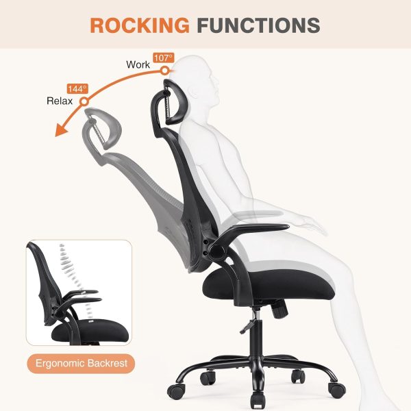 Sweetcrispy Office Computer Desk Chair, Ergonomic High-Back Mesh Rolling Work Chairs with Wheels and Adjustable Headrests, Comfortable Lumbar Support, Comfy Flip-up Arms for Home,Bedroom,Study, Black - Image 5