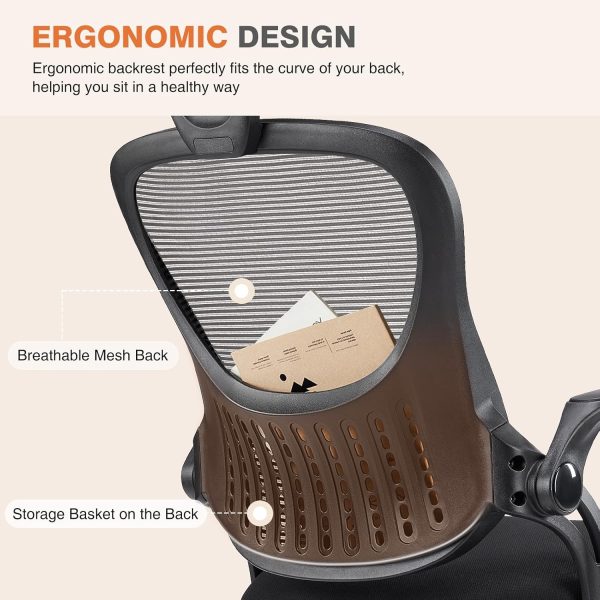 Sweetcrispy Office Computer Desk Chair, Ergonomic High-Back Mesh Rolling Work Chairs with Wheels and Adjustable Headrests, Comfortable Lumbar Support, Comfy Flip-up Arms for Home,Bedroom,Study, Black - Image 6