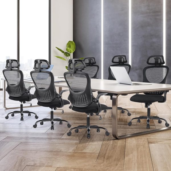 Sweetcrispy Office Computer Desk Chair, Ergonomic High-Back Mesh Rolling Work Chairs with Wheels and Adjustable Headrests, Comfortable Lumbar Support, Comfy Flip-up Arms for Home,Bedroom,Study, Black - Image 8