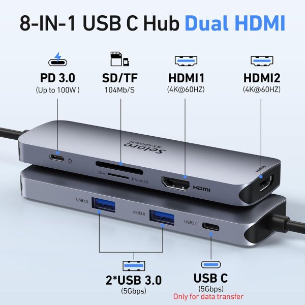 USB C Docking Station Dual HDMI Monitor,USB C to Dual HDMI Adapter with 2 HDMI Ports,PD Charging,SD/TF,USB A&C 3.0 Ports,USB C Hub HDMI for Dell XPS/HP/Lenovo/Surface/Yoga etc - Image 2
